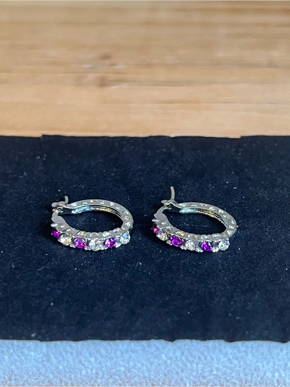 Silver Tone Hoop Earrings with Purple and Clear Stones - Women Jewelry